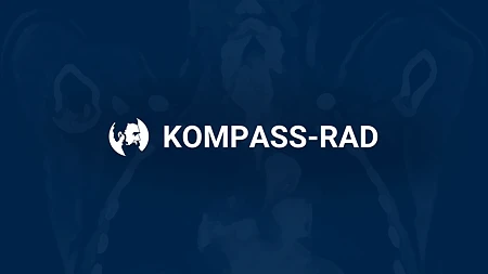 Weißes Logo mit dem Text KOMPASS-RAD und einem runden Symbol auf dunkelblauem Hintergrund.